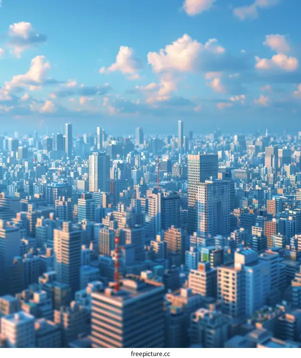 Miniature city with skyscrapers under blue sky and white clouds