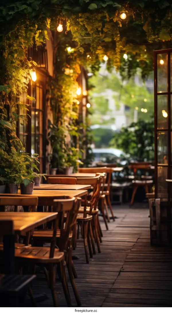 Charming outdoor restaurant with wooden tables and chairs surrounded by lush greenery and warm lighting