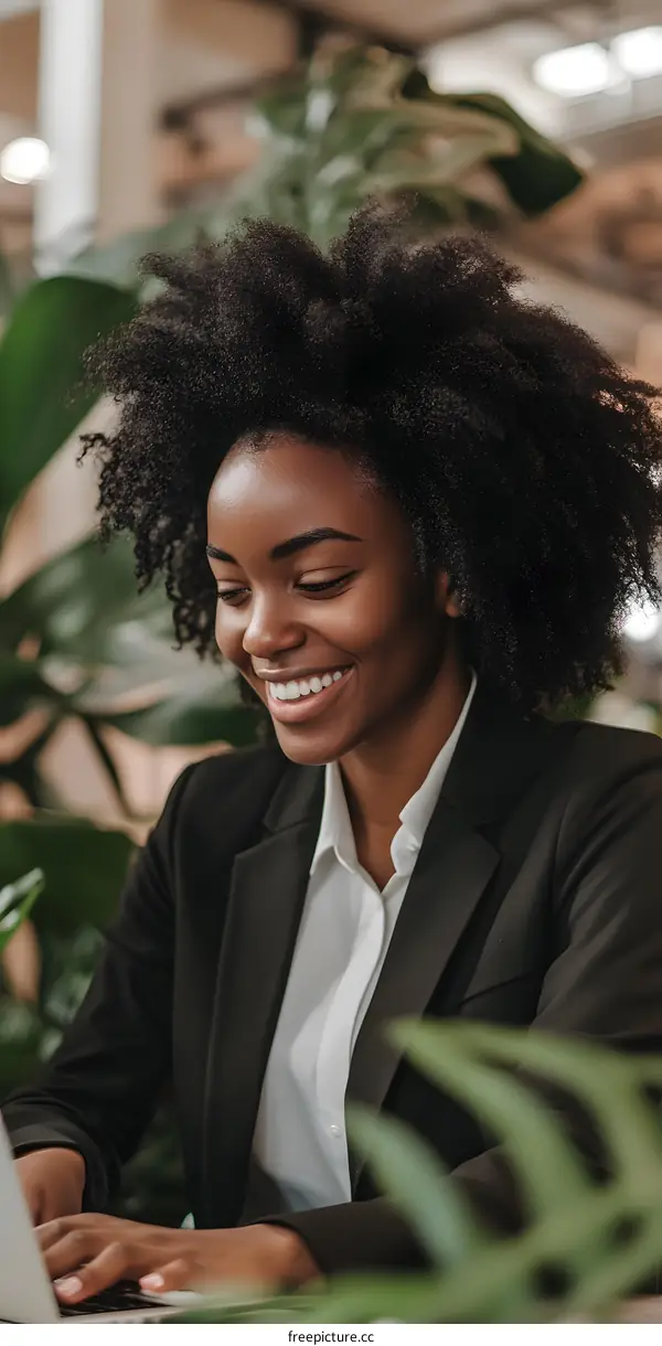 Smiling Black Woman Working on Laptop in Office