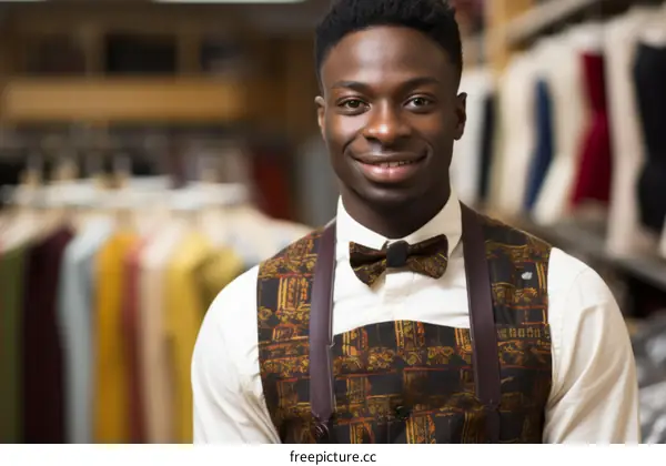 Portrait of a young African man smiling in a clothing store
