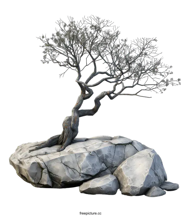 [Transparent Background PNG]gnarled tree on rock outcropping