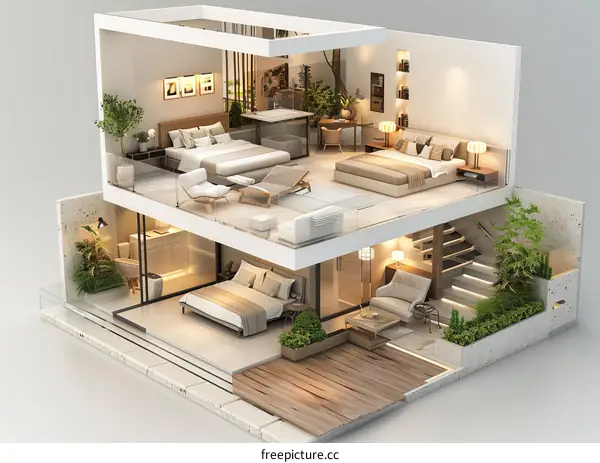 Modern Multi-level Home Design Interior Illustration