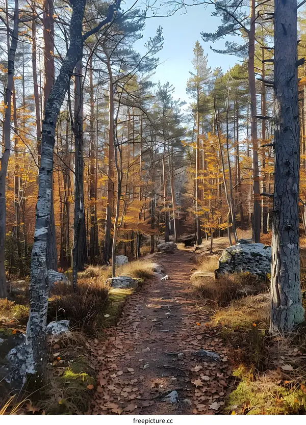 Autumn Forest Path with Fallen Leaves