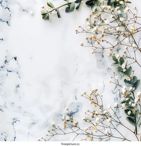 White Flowers and Green Leaves on Marble Background