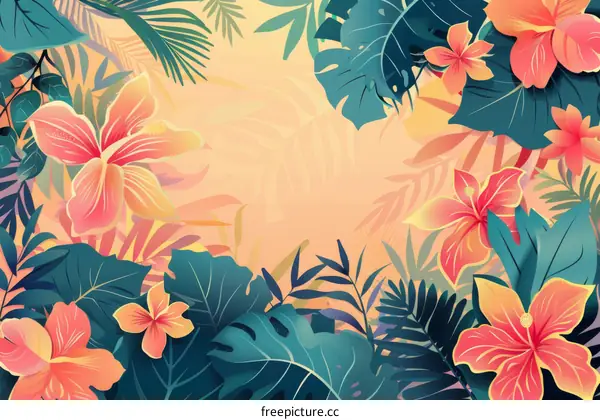 Tropical Flowers and Leaves Background