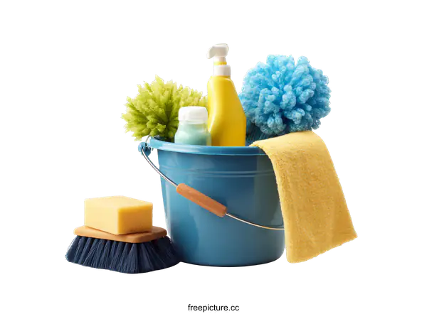 [Transparent Background PNG]Cleaning Supplies in a Blue Bucket