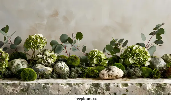 Green Hydrangea and Moss Arrangement on Stone