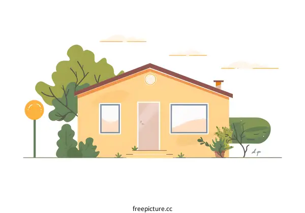 Cute Yellow House With Green Trees Illustration