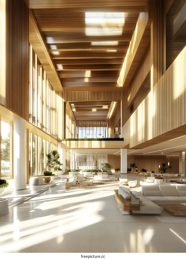 Modern Wooden Interior Design of a Large Lobby with Sunlight Streaming Through Windows