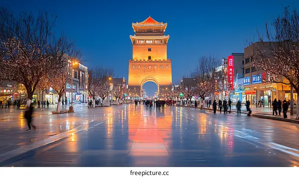 Evening Cityscape Pedestrian Street with Ancient Gate