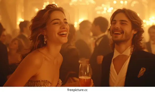 Laughing woman in a fancy party with a man beside her