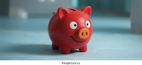 Red Piggy Bank with Happy Face on Blue Background