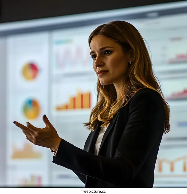 Businesswoman Giving Presentation with Data Charts in the Background