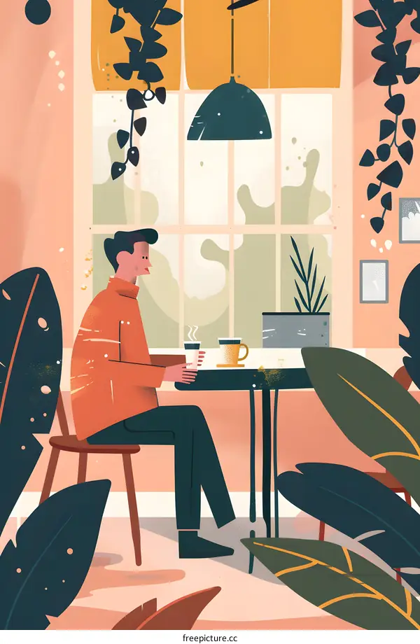 Man Sitting at Table in Cafe with Coffee