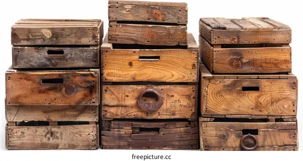 A stack of old wooden crates with a white background