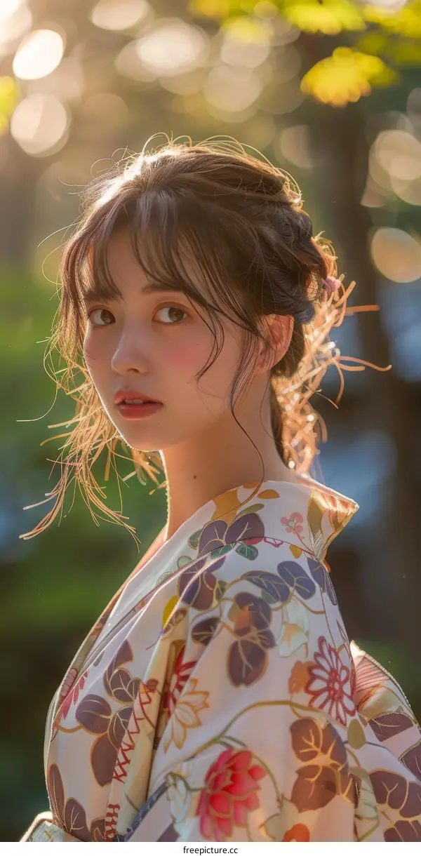 Asian Woman in Traditional Japanese Kimono in Outdoor Setting