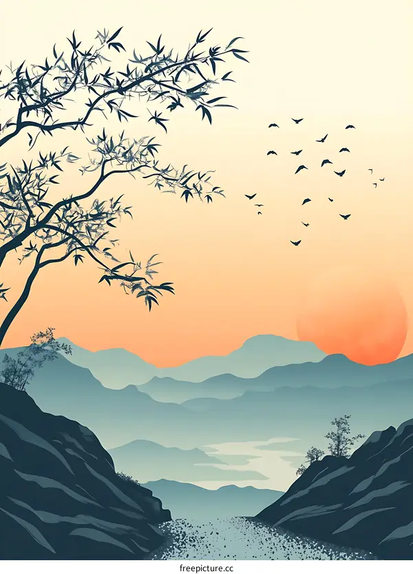 Sunset Mountain Landscape With Bamboo Tree and Birds