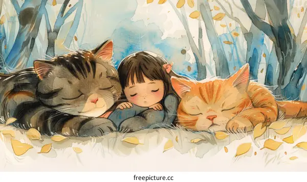 A girl sleeping with two cats in the forest