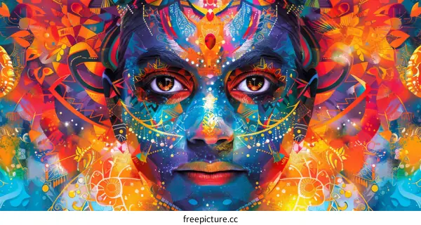 Portrait of a young woman with colorful face paint.