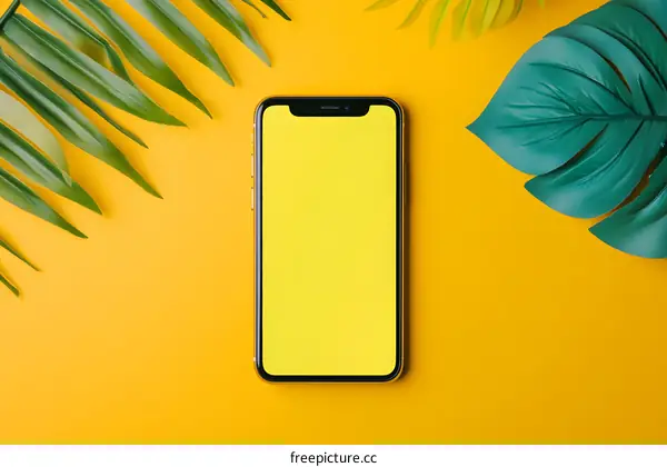 Yellow Background with a Smartphone and Tropical Leaves