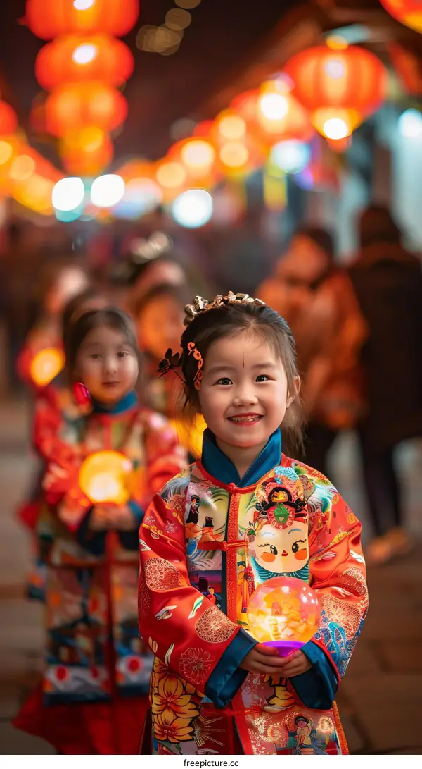 Three Chinese children in traditional clothing at a lantern festival