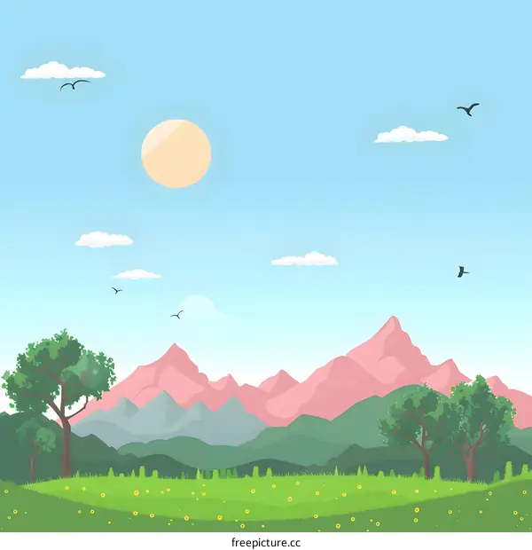 Mountain Landscape with Green Grass and Birds