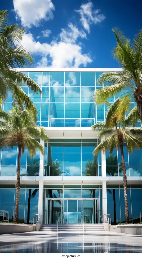 Modern Glass Office Building with Palm Trees in City