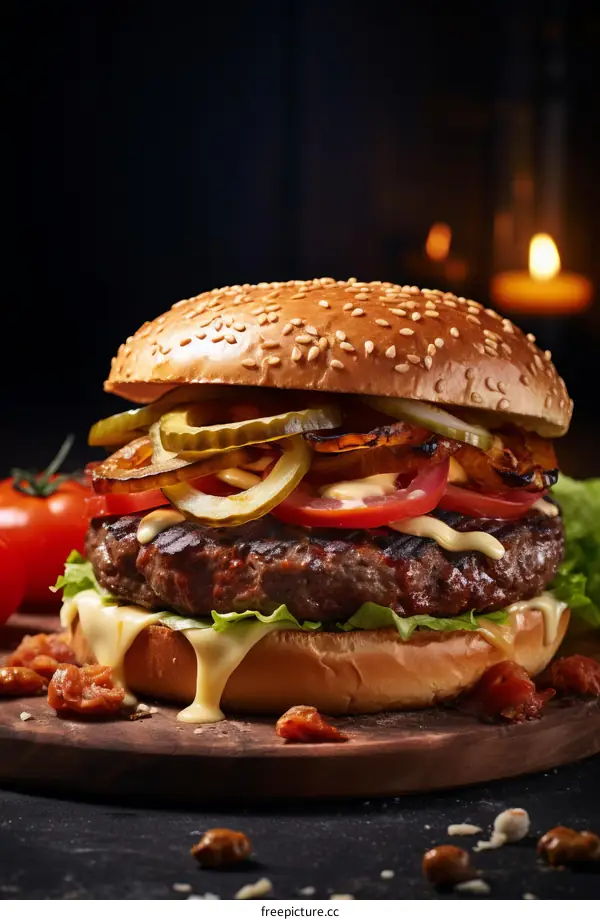 A mouthwatering cheeseburger with a side of tomatoes and melted cheese