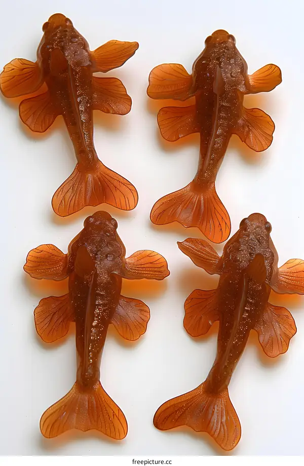 Four translucent orange toy fish