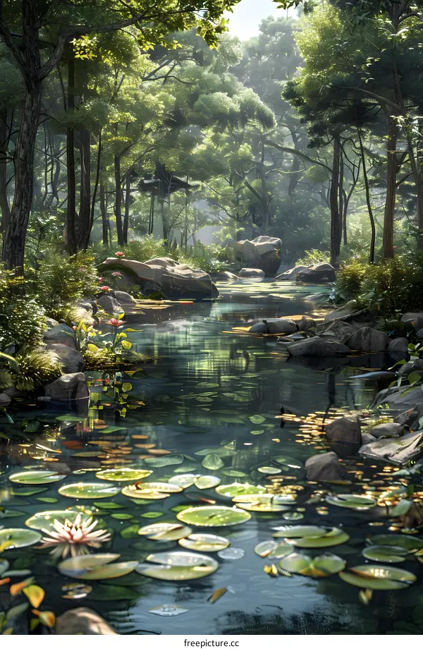 A beautiful landscape image of a pond in a forest