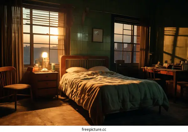 Cozy Bedroom with Sunset Cityscape View