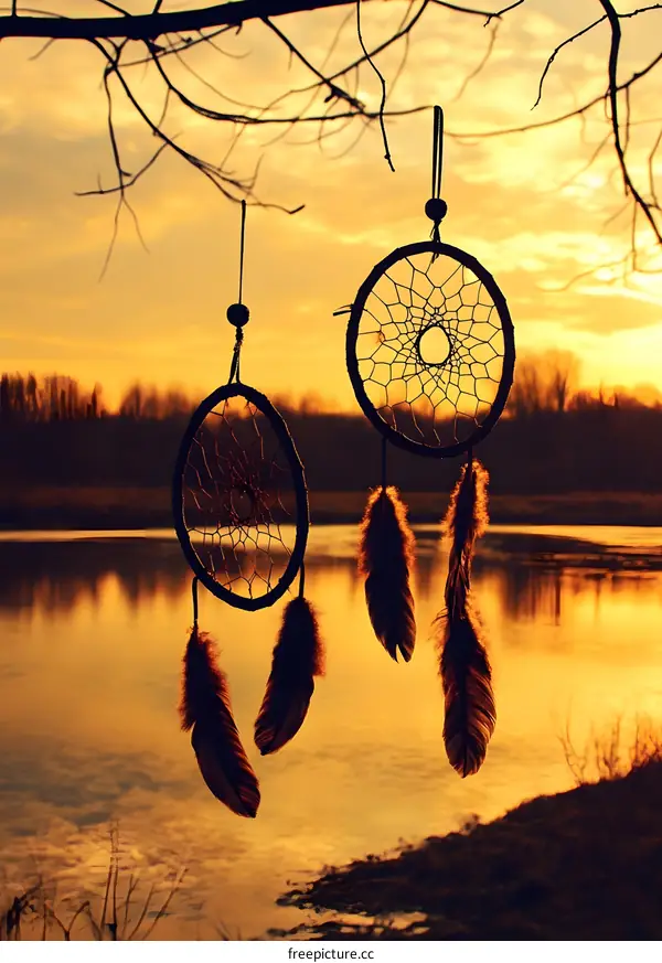Dreamcatchers Hanging From Tree Branch at Sunset