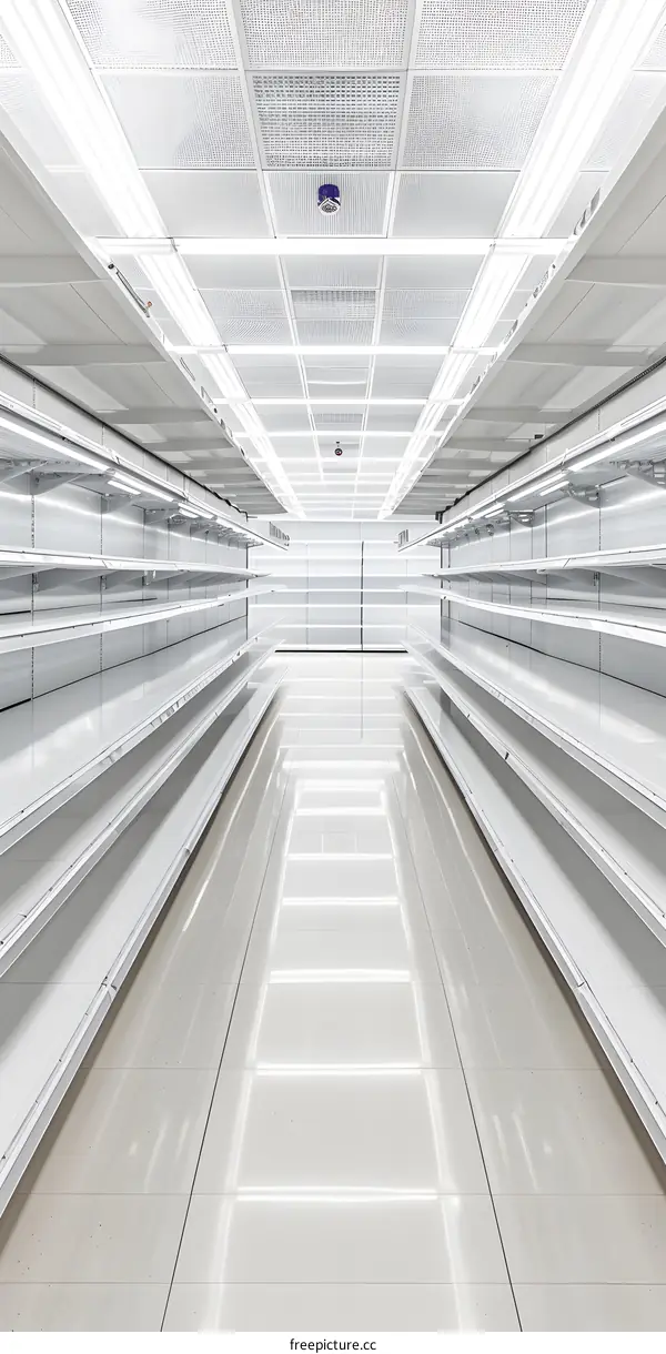 Empty Supermarket Shelves With White Ceiling Lights