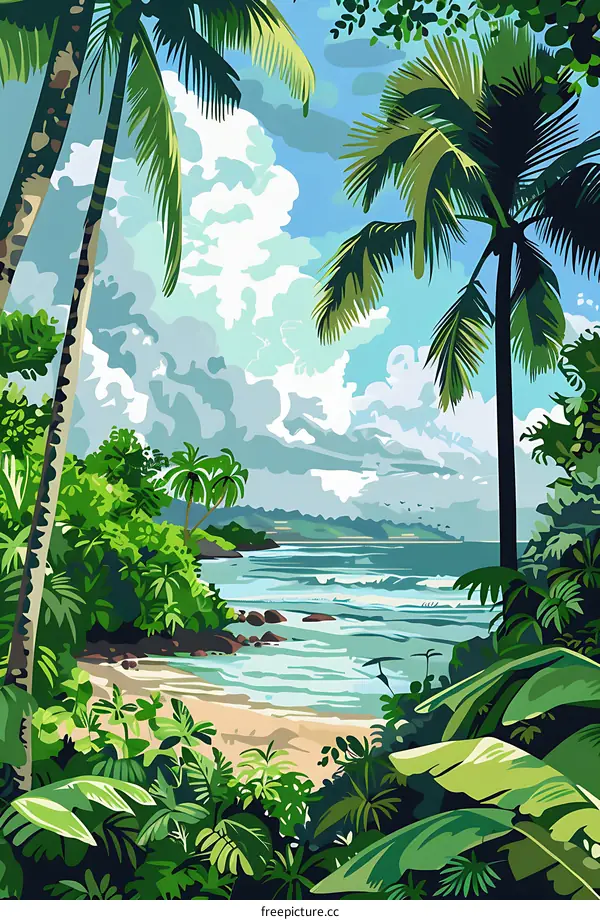 Tropical Beach Illustration with Lush Palm Trees and Ocean View