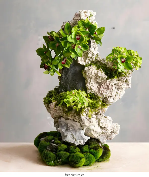 Green Orchid Plant Growing on Stone and Moss