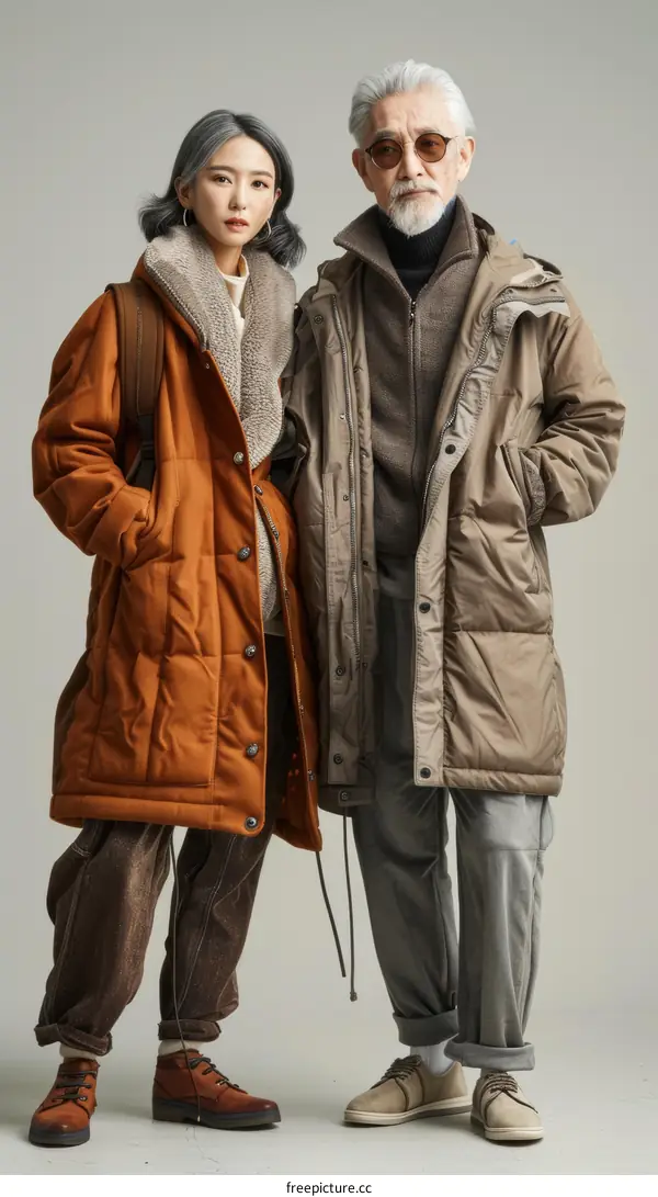 A young woman and an elderly man wearing winter coats