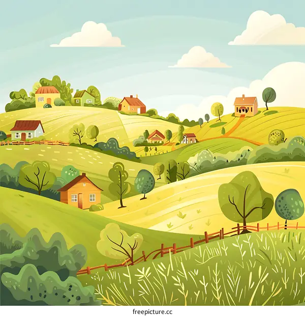 Cartoon Green Hills Countryside Landscape With Houses