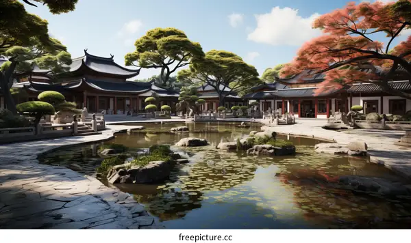 Courtyard with a Pond and Trees