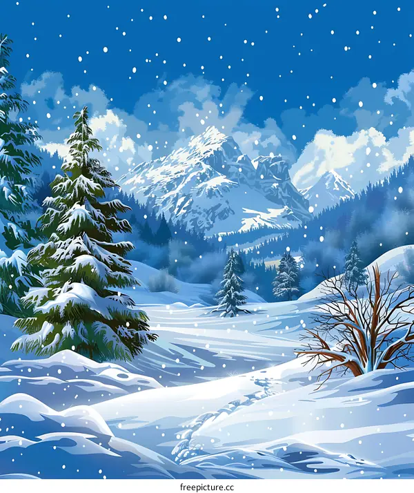 Winter Landscape With Snow Covered Mountains And Pine Trees