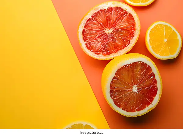 Fresh Sliced Grapefruits And Lemons On Yellow And Orange Background