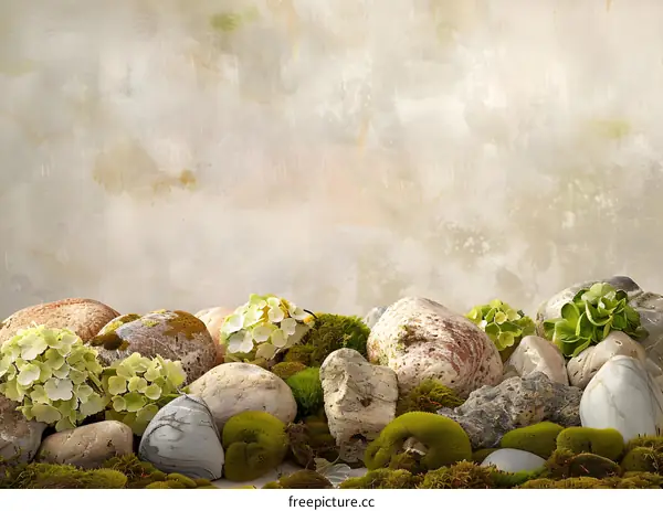 Green Mossy Stones And Flowers Against a Neutral Background
