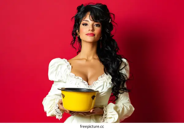 Latin Woman Holding a Yellow Dish in a White Dress