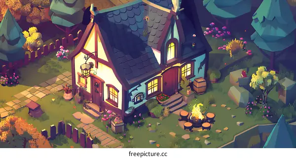Fantasy Cottage in the Woods at Night