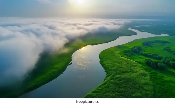 Misty River Valley Sunrise Panorama