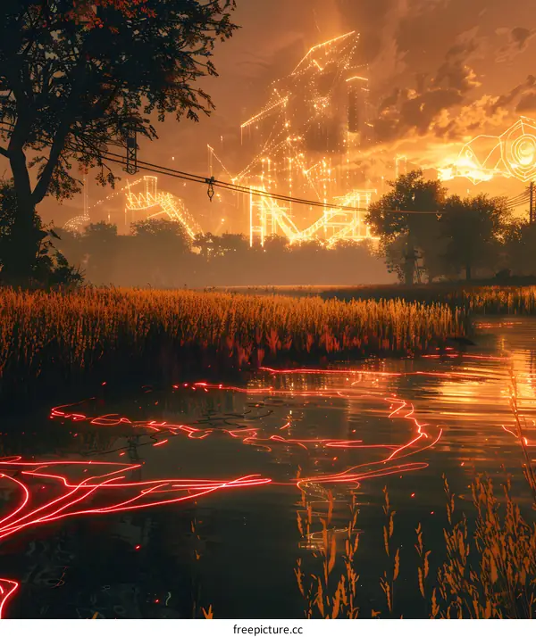 futuristic city in the middle of a wheat field with a river in front of it