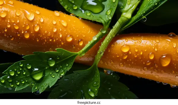 Close-up image of orange carrots with green leaves covered in water droplets