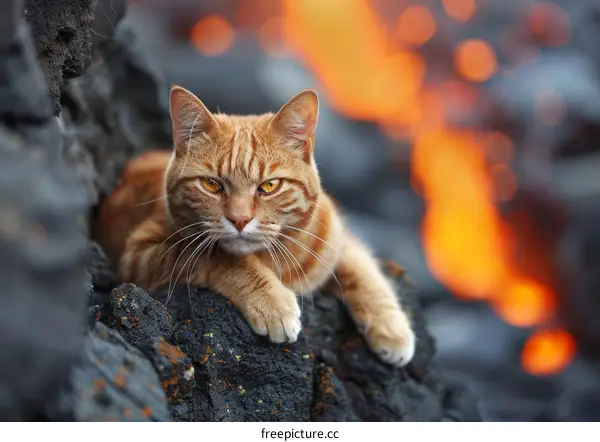 ginger cat lying on a rock in front of a lava flow