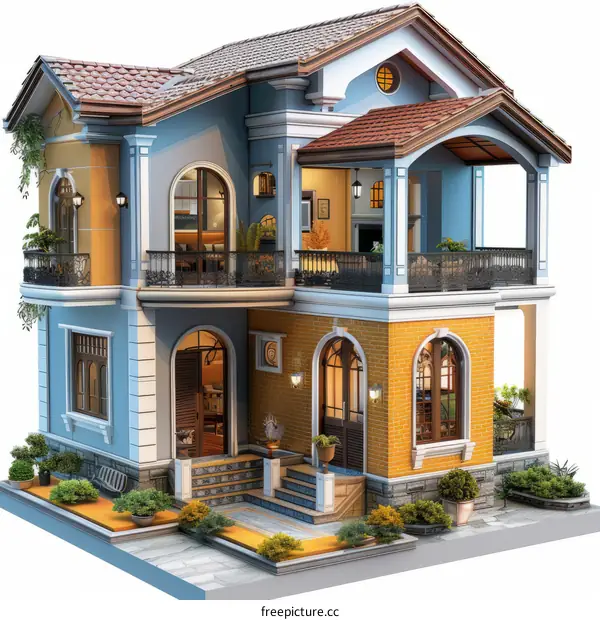 European-Style Two-Story House with Blue and Yellow Exterior