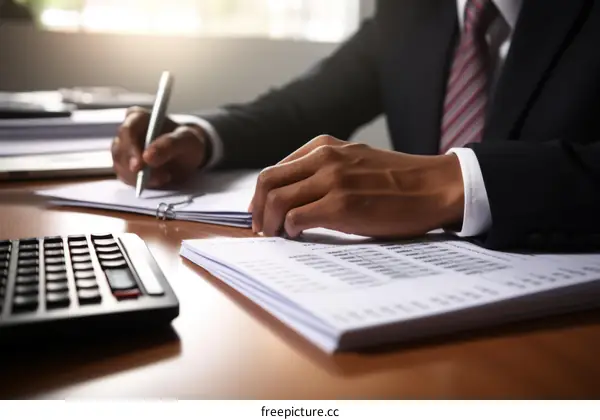 Businessman analyzing financial report and taking notes