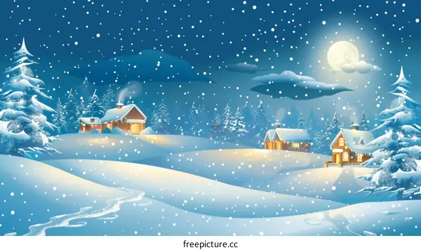 Snowy Village in the Mountain Night